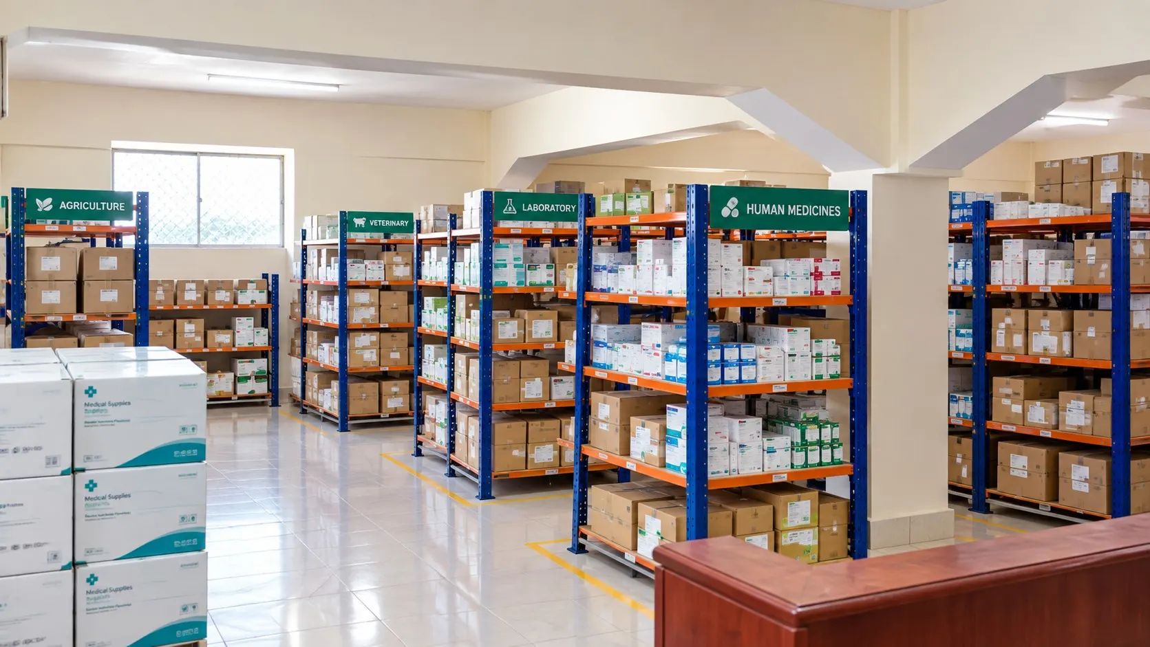 Inside the Xanaano warehouse: shelving labelled Agriculture, Veterinary, Laboratory and Human medicines